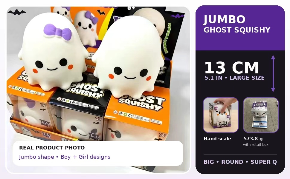 EMBERWAVE jumbo ghost squishy boy and girl designs with purple bow on the girl design