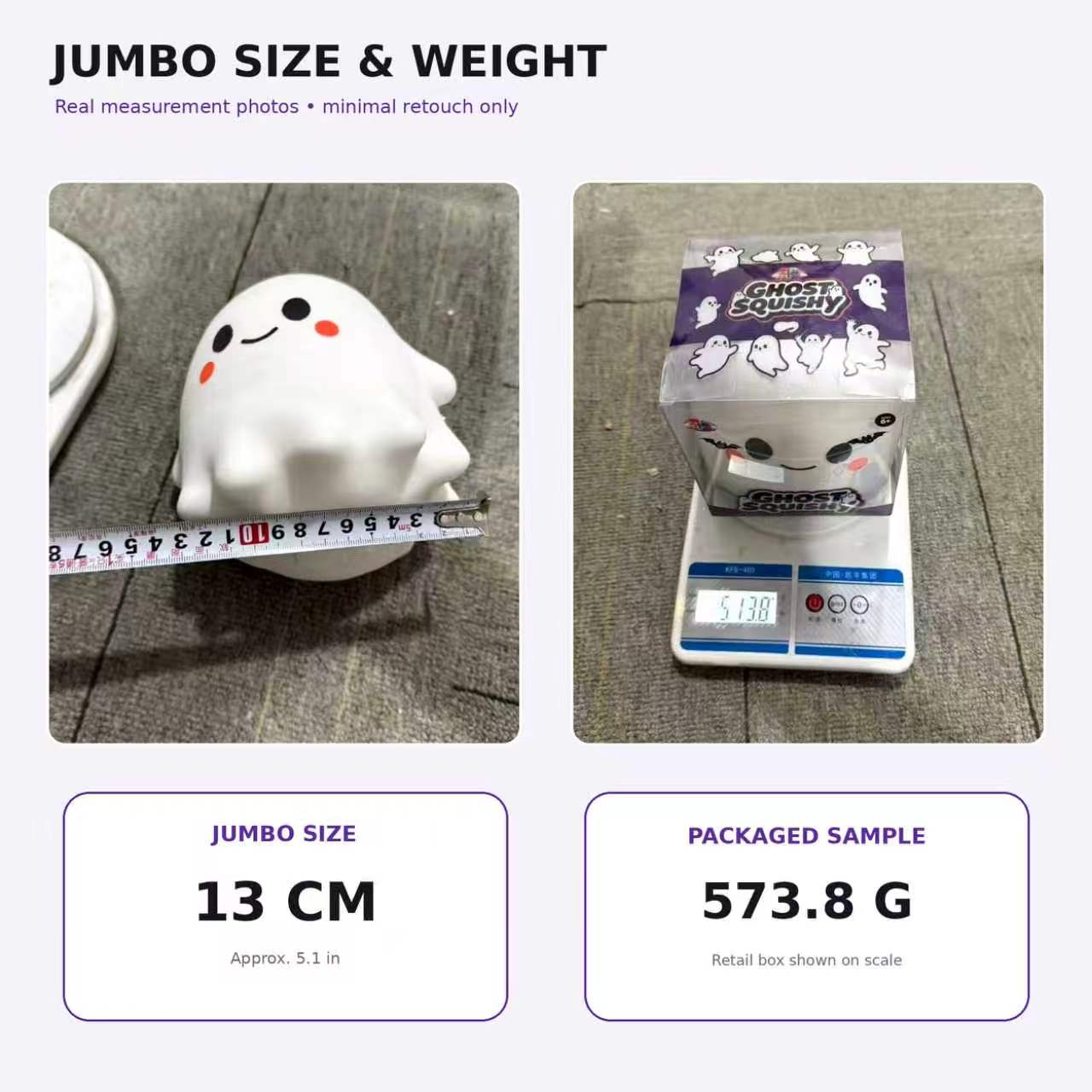 Ghost squishy reference measurement showing 13 cm and a photographed boxed sample at 573.8 grams