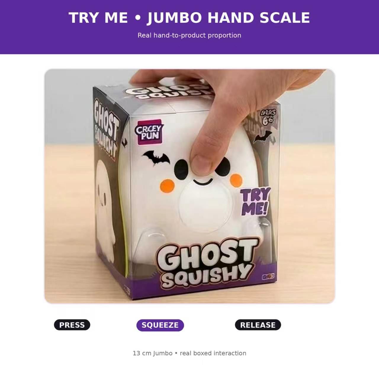 Ghost boy squishy in a clear-front retail box with try-me opening