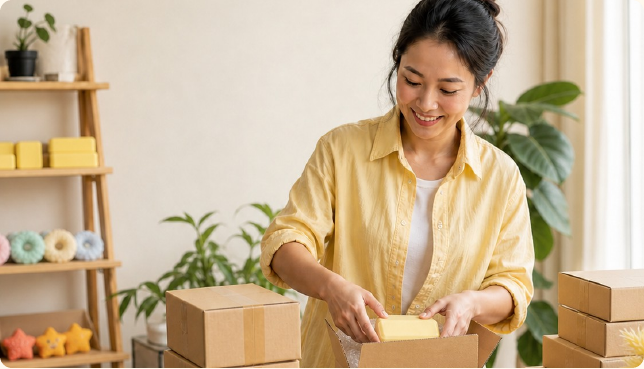 Seller packing a squishy product for customer delivery