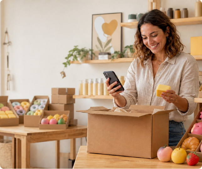 Happy retailer unboxing squishy products while checking an order